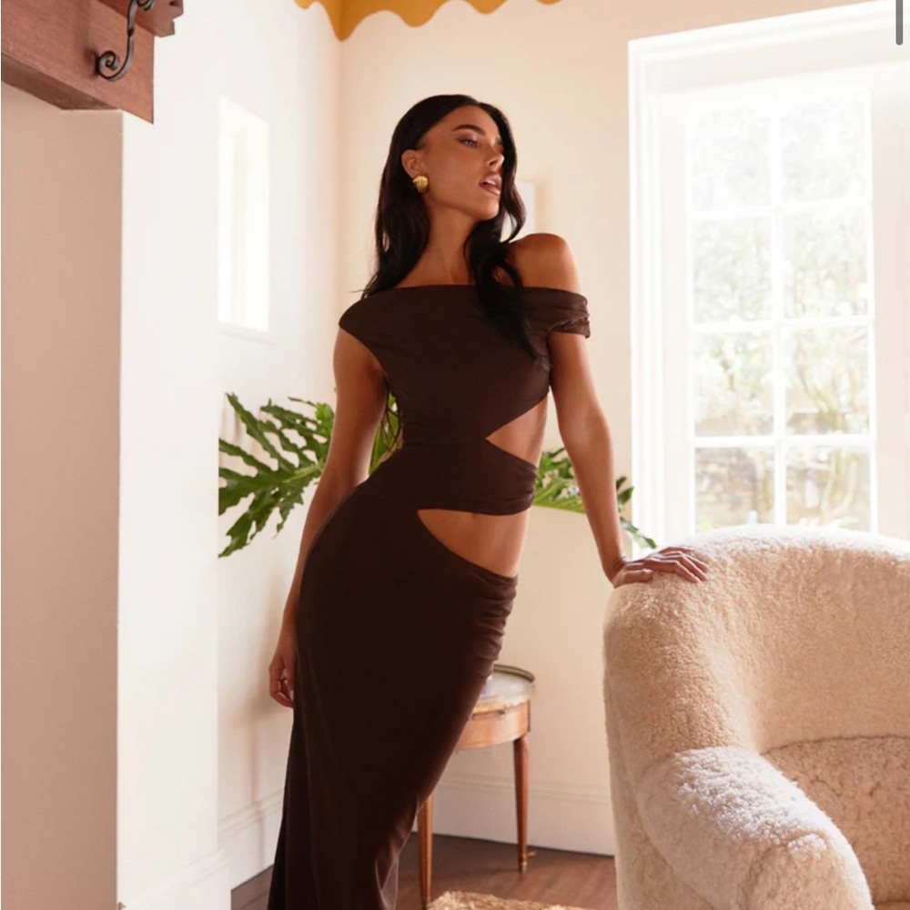 Peppermayo Margot One Shoulder Maxi Dress - Chocolate